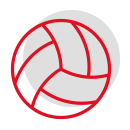 Icon eines Volleyballs in rot und schwarz auf einem neutralen Hintergrund.