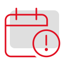 Symbol eines Kalenders mit Uhrzeit auf rotem Hintergrund.