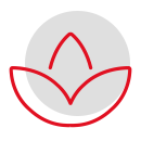 Grafische Darstellung eines stilisierten Lotusblatts in Rot und Schwarz.