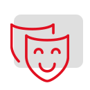 Symbol einer Theatermaske in rot und schwarz, das die Kunst des Theaters repräsentiert.