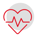 Symbol eines Herzens mit EKG-Linie in Rot auf schwarzem Hintergrund.