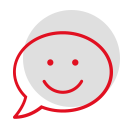 Lächelndes Gesicht in einem roten Kreis auf schwarzem Hintergrund.