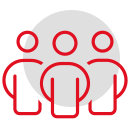 Grafische Darstellung von drei stilisierten Menschen in Rot und Schwarz, symbolisierend Gemeinschaft oder Teamarbeit.