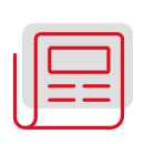 Symbol einer Nachrichten-App mit stilisiertem Bildschirm und roten Akzenten auf schwarzem Hintergrund.