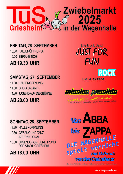 Plakat für den Zwiebelsmarkt 2025 mit Veranstaltungshinweisen und Logos in der Wagenhalle Griesheim.