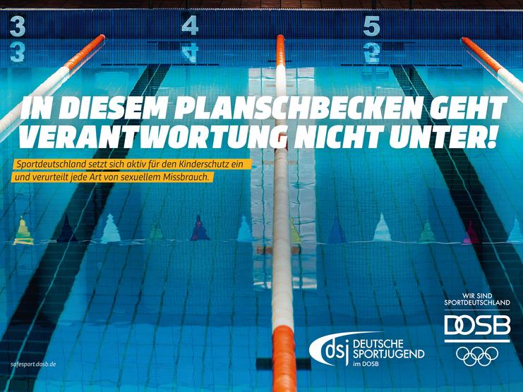 Schwimmbahnen mit Startblöcken; Schrift: „In diesem Planschbecken geht Verantwortung nicht unter!“