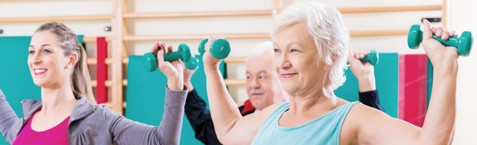 Drei Personen mit Hanteln sitzen auf großen Gymnastikbällen und trainieren in einem Fitnessraum.